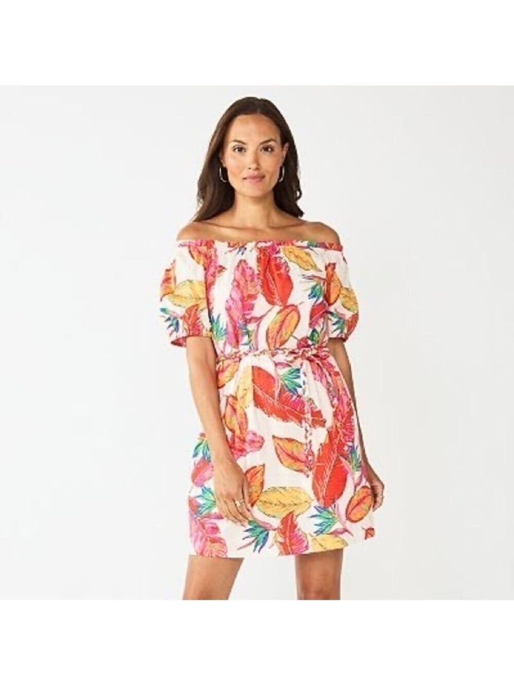 NWT Nine West Off Shoulder Puff Sleeve Midi Dress Cream Orange Red Tropical L